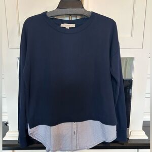 LOFT Navy Layered-Look Crewneck Sweater with Striped Hem